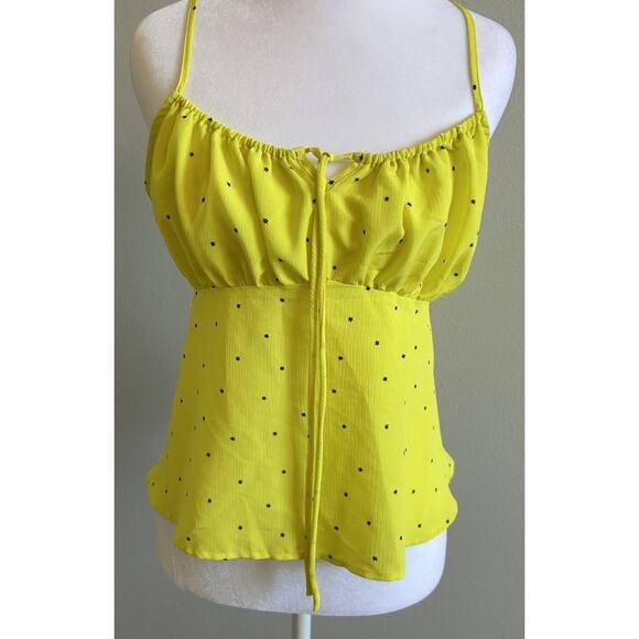 Vintage Y2K 90s Style Cami Tank Top Yellow Babydoll Black Stars Sheer Blouse M - Picture 1 of 8
